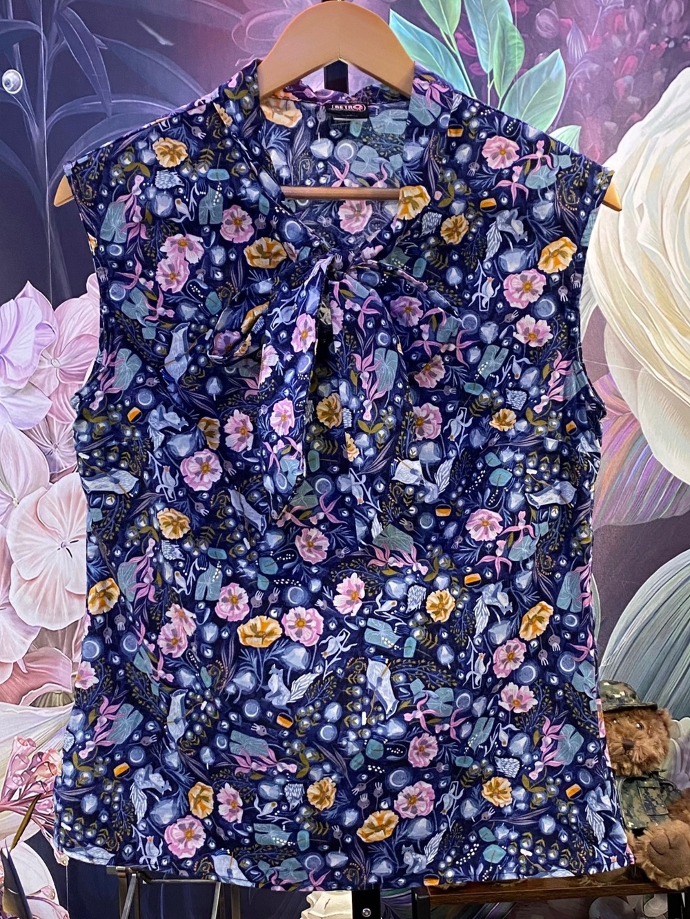 Retrolicious L Tie Neck Blouse Whimsigoth Cottagecore Birds Floral Cotton Navy